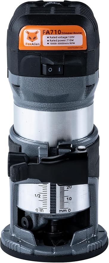 FoxAlien 1HP 710W 65mm Diameter Compact Palm Router for CNC Woodworking,6 Variable Speeds Max 30000 R/MIN Wood Trimmer with 1/4??Collet (110V)