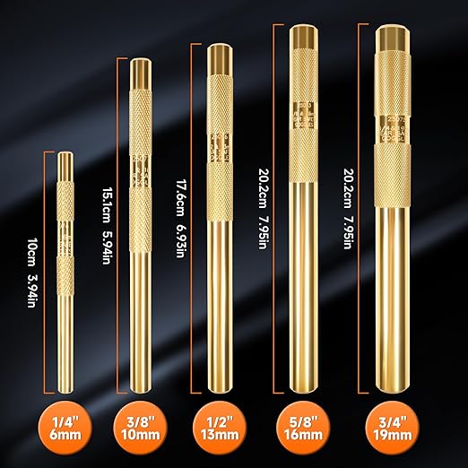 Brass Drift Punch Set 1/4'' 3/8'' 1/2'' 5/8'' 3/4'' 5 Pcs Hand Punches Tool 1/4-Inch 3/8-Inch 1/2-Inch 5/8-Inch 3/4-Inch Brass Pin Drive Punch Set Replace 67003-MAI 045256670034