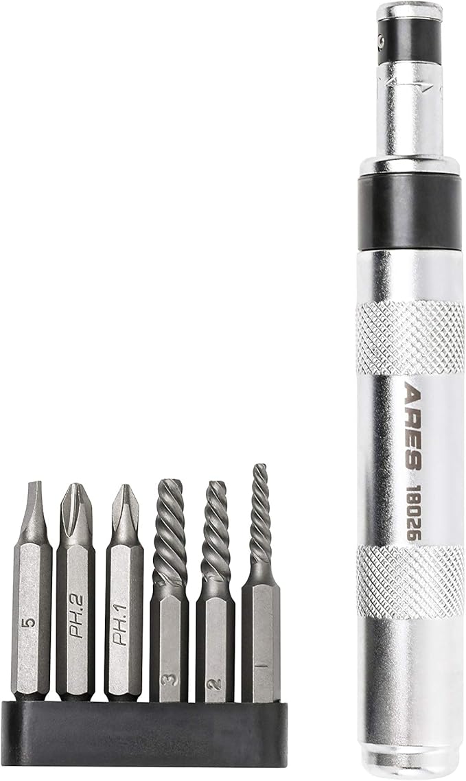 ARES 18026-1/4-Inch Drive Manual Reversible Impact Driver - Includes 6-Piece Flathead, Phillips, and Spiral Screw Extractor Bit Set - Disengage Rusted Fasteners or Frozen Bolts - Compact Design