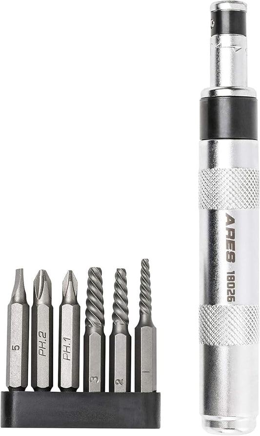 ARES 18026-1/4-Inch Drive Manual Reversible Impact Driver - Includes 6-Piece Flathead, Phillips, and Spiral Screw Extractor Bit Set - Disengage Rusted Fasteners or Frozen Bolts - Compact Design