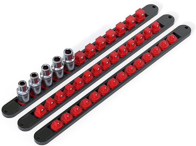FivePears 3PCS 360째 Socket Organizer Twist Lock,3/8 1/4 1/2 Socket Storage Rails, Premium Quality Socket Holders for Tool Box 竊똖ool Carts竊똂ontains up to 40 Clips (Blue, Red and Black)