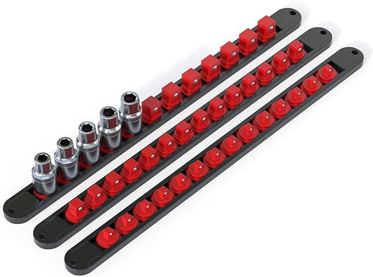 FivePears 3PCS 360째 Socket Organizer Twist Lock,3/8 1/4 1/2 Socket Storage Rails, Premium Quality Socket Holders for Tool Box 竊똖ool Carts竊똂ontains up to 40 Clips (Blue, Red and Black)
