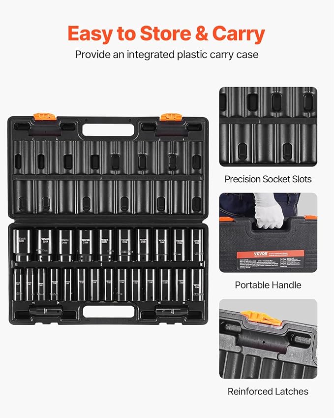 VEVOR Impact Socket Set 1/2 Inches 26 Piece Deep Sockets, , 6-Point , Rugged Construction, Cr-V, 1/2 Inches Drive Socket Set Impact Metric 10mm - 36mm, with a Storage Cage