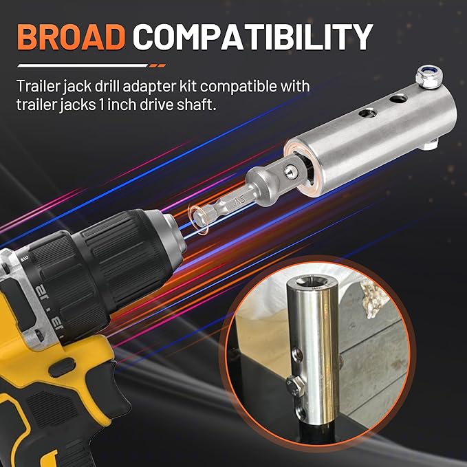 Trailer Jack Drill Adapter Compatible with 1 Inch Jack Drive Shaft, with 1/2 Inch Socket Adapter Bit, Heavy Trailer Jacks Duty Stainless Steel Drill Adapters Kit