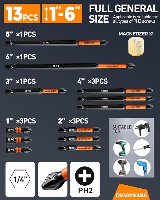 COMOWARE 12pcs Phillips Head Drill Bits #2, S2 Steel 1/4" Hex Bit Set, Anti Slip Screwdriver Bits, 1-6" Length, CNC Tip Magnetic Drill Bit, Impact Hex Bitss Sets For Electronic Devices Disassembly