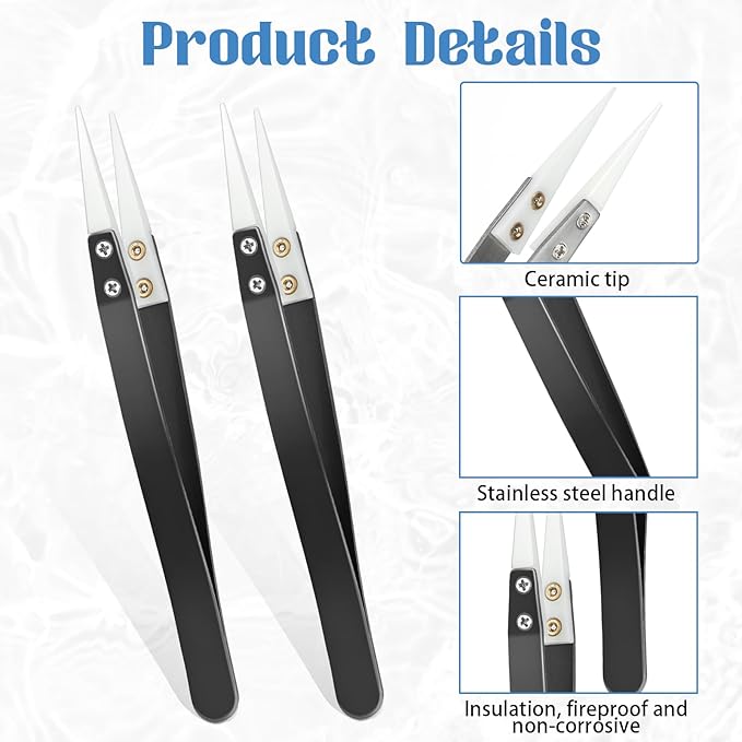 2pcs Ceramic Tweezers Stainless Steel Ceramic Precision Tweezers for Electronics, Non-Conductive Anti Static High Temperature Resistant Fine Point Tweezers for Precision Electrical Operation Black
