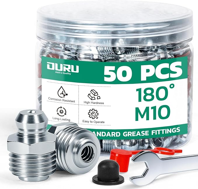 50PCS M10 Grease Fittings Kit, METRIC Zerk Grease Fittings Straight with Grease Fitting Caps & Wrench Kit(10mm) for Grease Gun
