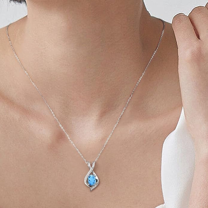 SMILEST Oval Sparkle Birthstone Pendant Necklace, 925 Sterling Silver Gemstone Pendant Anniversary Birthday Gifts for Women Wife Girlfriend Mom Grandma Birthstone Necklace for Women Jewelry Gifts