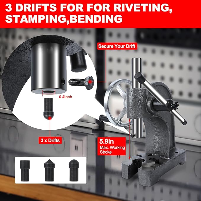hightall 1 Ton Arbor Press,Handwheel & Long Lever Operation | Cast-Iron Frame, Stainless Steel Ram | 3 Drifts (Flat/Pointed/Round), 5.5" Max Height, Table-Mountable for Metal Stamping, Leathercraft