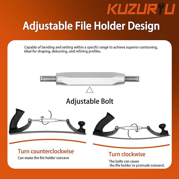 KUZURYU Adjustable Flexible Body File Holder - Black Adjustable for Convex & Concave Curves, 14" 9-TPI Dual-Side Blade for Smoothing, Shaping & Filing, Fits Multiple Adapters.