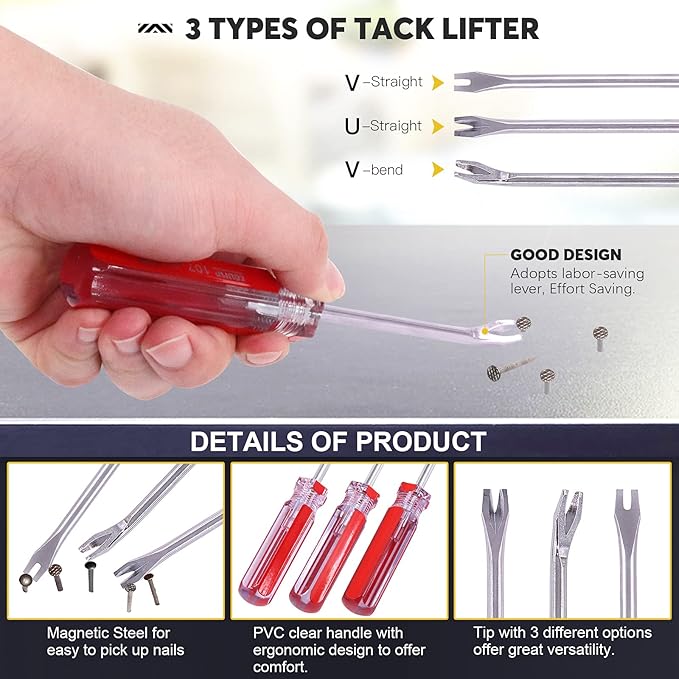4Pcs End Cutting Pliers and Tack Puller Nail Remover Tools Set with Straight U Tip, Straight V Tip and Angled V Tip Tack Lifter to Remove Nails Wire for Upholstery Car Construction