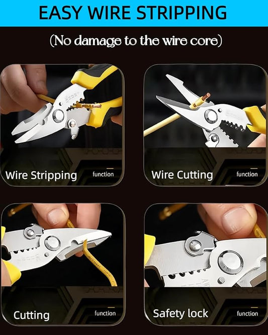 Scissors All Purpose Heavy Duty - Electrician Scissors for Cutting/Stripping Wires - Sharp Shears With Serrated Blades - Utility Snips Easy Cutting Carpet/Cardboard/Wires/Leather/Fabric (7.68In)
