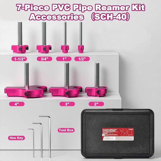 7Pcs Triple Blade PVC Pipe Reamer Kit 3 Blades Pipe Fitting Saver Tool for Plumbing with Triple Blade 1/4 Inch Hex Shaft for PVC SCH40 ABS CPVC (3/4" 1" 1-1/4" 1-1/2" 2" 3" 4") Plastic Fitting Reamer