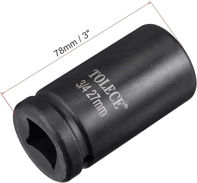 uxcell 3/4-Inch Drive 27mm 12-Point Deep Impact Socket, CR-MO Steel 78mm Length, Metric Sizes