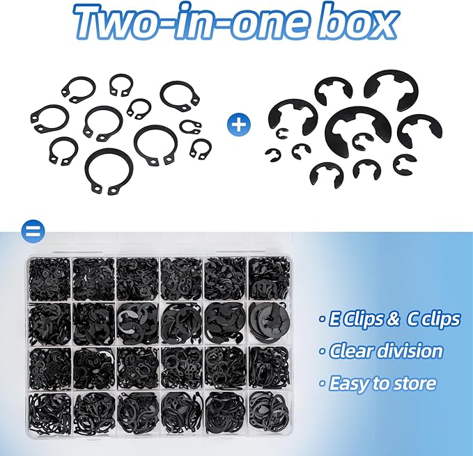 900PCS Carbon Steel Retaining Rings Set - 24 Sizes C Clips & E Clips Assortment Kit for Auto Parts Repair, Machinery Maintenance and Industrial Equipment