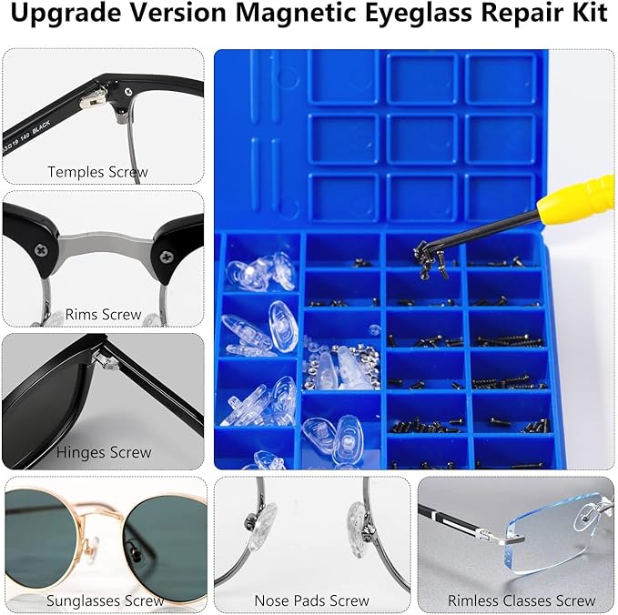 Upgrade Version All-in-One Magnetic Glasses Repair Kit with Black Screw, Eyeglass Repair Tools Kit with Precision Screwdriver Sets, Nose Pads, Tweezer