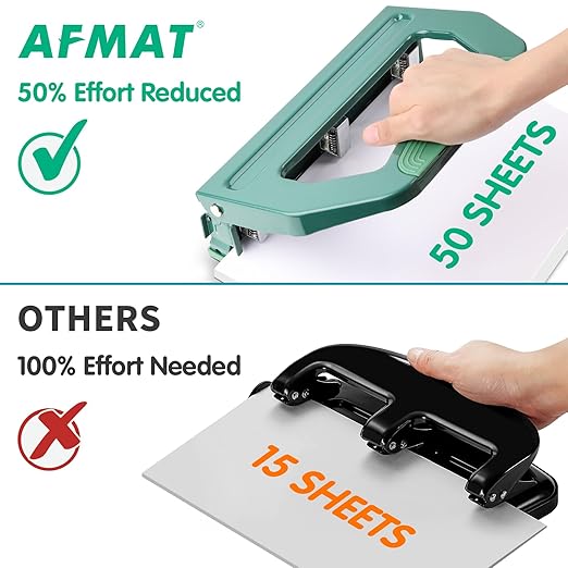 AFMAT 3 Hole Punch Heavy Duty, 9/32" Holes, 50-Sheet Hole Puncher 3 Ring, 50% Reduced Effort, Adjustable Two & Three Hole Punch, Metal Paper Puncher w/Large Chip Tray, Metal Paper Guide, Green, HP18