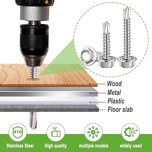 mxuteuk 300PCS #8#10 Self Tapping Screws for Metal,410 Stainless Steel Self Drilling Screws,Hex Washer Head Sheet Metal Screws Suitable for Wood, Metal or Tough Materials(150pcs Screw+150pcs Washer)