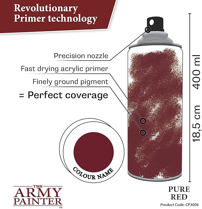 The Army Painter Colour Primer Pure Red, 400 mL Acrylic Spray Primer, Spray Paint Basecoat for Miniature Priming, Tabletop Roleplaying, Boardgames, and Wargames Miniature Modelling