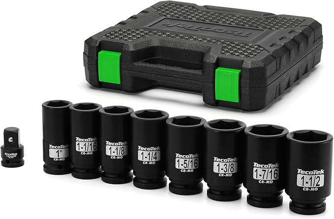 3/4" Drive Deep 6-Point Impact Socket Set, 9-Piece Jumbo Assortment, SAE, Cr-Mo, 1-Inch to 1-1/2-Inch Size, 1/2" F to 3/4" M Impact Socket Adapter