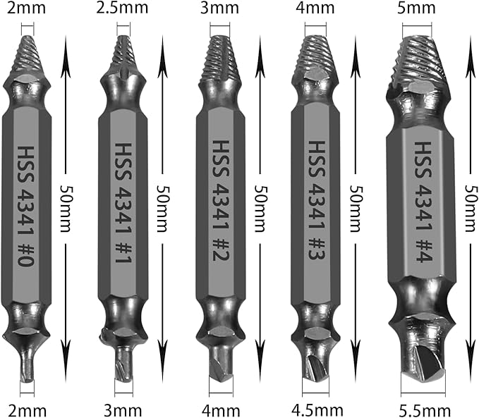 HSS Damaged Screw Extractor Set, 5-Piece Drill Bit Kit for Stripped Screws and Bolts, Grey