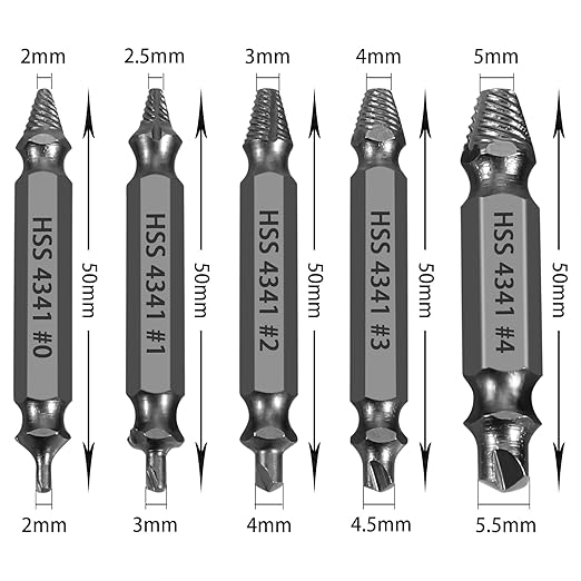 5-Piece HSS Screw Extractor Set, Professional Grade Drill Bit Kit for Damaged Screws, Grey Industrial Finish, Sizes 0-4, with Storage Case