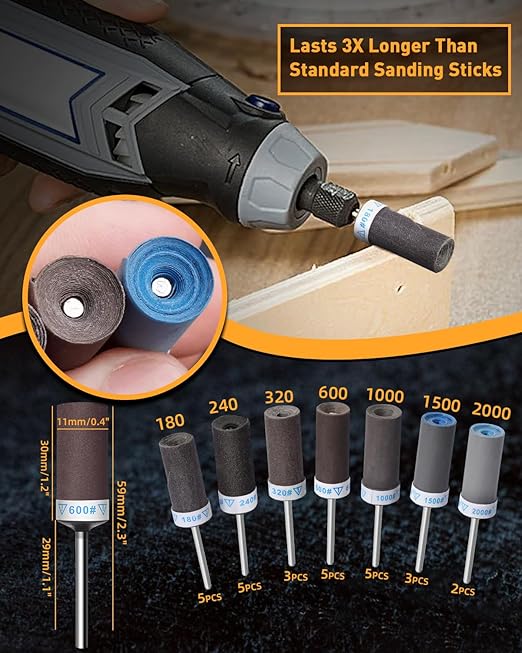 28Pcs Sanding Drums Sandpaper Sticks Set for Dremel Rotary Tool with 1/8" Shank, 180/240/320/600/1000/1500/2000 Grits Different Meet More Needs for Metal Rust Removal/Stone Grinding/Jade Polishing