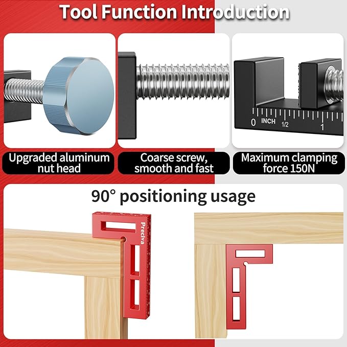 Preciva Corner Clamps for Woodworking, 90 Degree Positioning Squares with 4 C-Clamps, High-Strength Aluminum Alloy for Perfect Right Angle on Cabinets, Frames, Drawers (red-1)