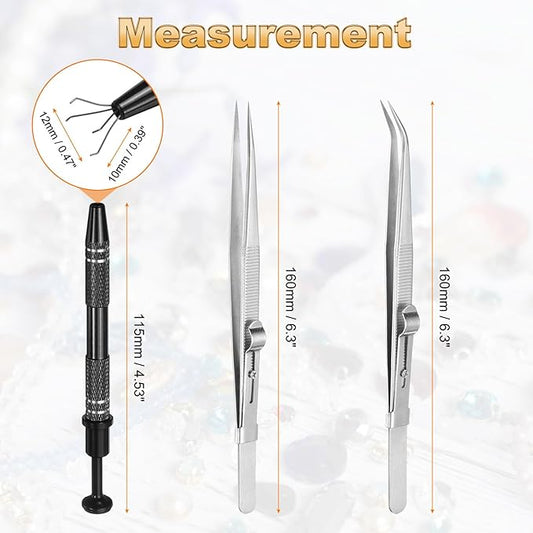 HARFINGTON 3pcs Diamond Tweezer Holder Pick Up Tool Set Stainless Steel 4 Claw Holder Straight/Elbow Head Jewelry Locking Tweezer for Tiny Objects Electronic Components, Silver/Black