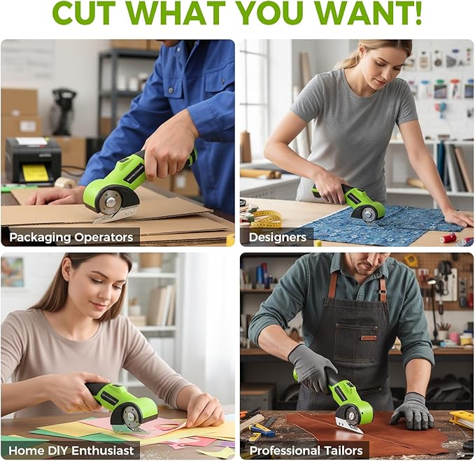 Cordless Cardboard Cutter with Safety Lock & LED ??4V Rechargeable, Extra Blade Included, Electric Box Cutter for Cardboard, Fabric Rotary Cutter for Wrapping Paper, Carpet & Leather