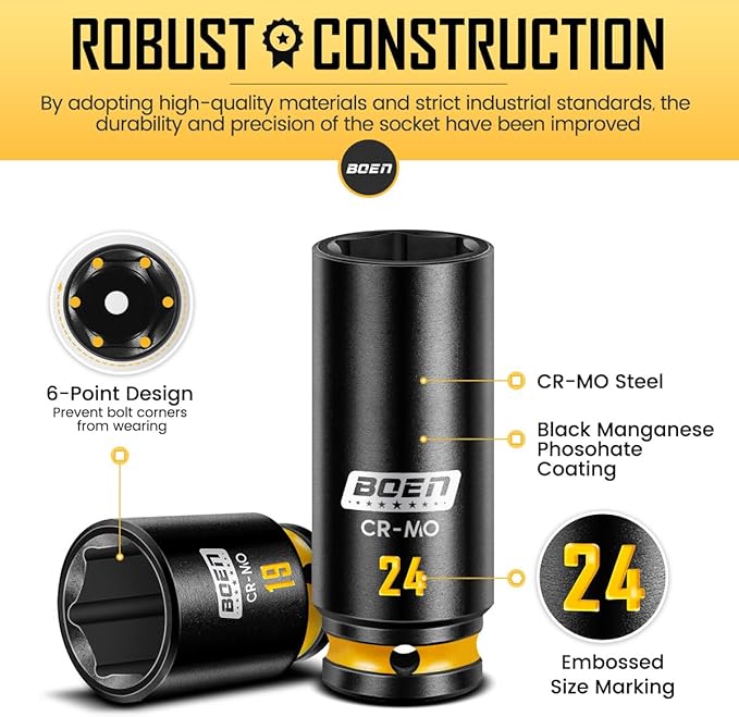 boen 48PCS 1/2??Drive Metric Socket Set, Impact Deep&Shollow Socket(8mm-32mm), for Lug Nut Use, 6-Point with Yellow Embossed Marking, CR-MO
