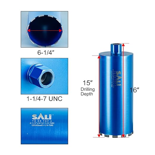 SALI Wet Diamond Core Drill Bits 6-1/4"/159mm Diameter, 15"/380mm Drilling Depth Concrete Core Drill Bit, 1-1/4-7" Thread Core Bit Turbo Laser-Welded Segments with Rebar, Brick, Block, Masonry, Stone
