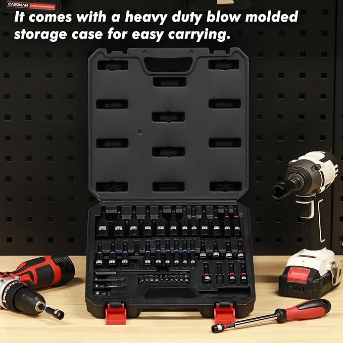 CASOMAN 55-Piece Magnetic Nut Driver Set for Impact Drill, Deep & Shallow, Metric & SAE, Includes Screwdriver Bits, Bit Extension Bar, Socket Adapters & Wing Nut Driver