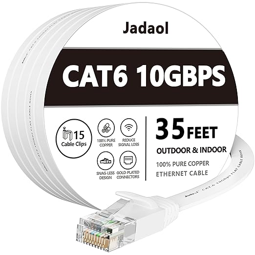Jadaol Cat 6 Ethernet Cable 35 ft, 10Gbps Support Cat8 Cat7 Network, Flat RJ45 LAN Patch Cable, High-Speed Wired Internet Cable for Router, Modem, Switch, Gaming Consoles, PC, Streaming Devices, White