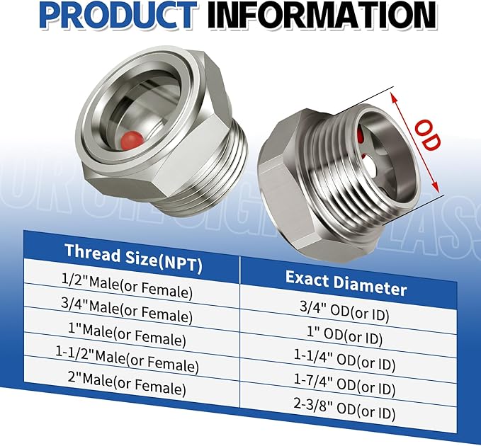 3/4'' NPT Male Hex Head Stainless Steel Oil Sight Glass Liquid Level Gauge Oil Indicator Window For Air Compressor Gearbox Fittings Hydraulic Tank Sight Glass (3/4'' NPT Male)