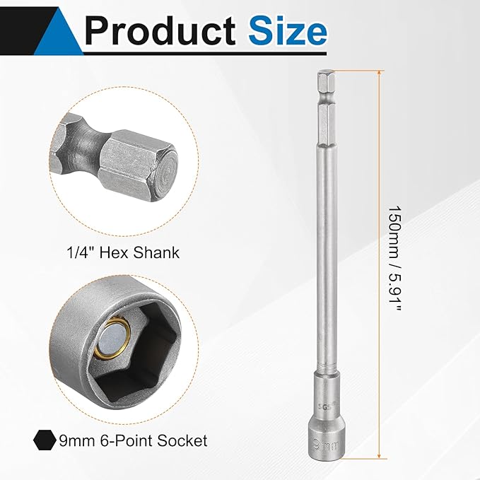 HARFINGTON 2pcs Nut Driver Drill Bit 9mm Metric Socket 1/4" Hex Shank 5.91" (150mm) Long Magnetic 6-Point Sockets Quick Change CR-V Steel Bolt Setters for Power Drill Drivers