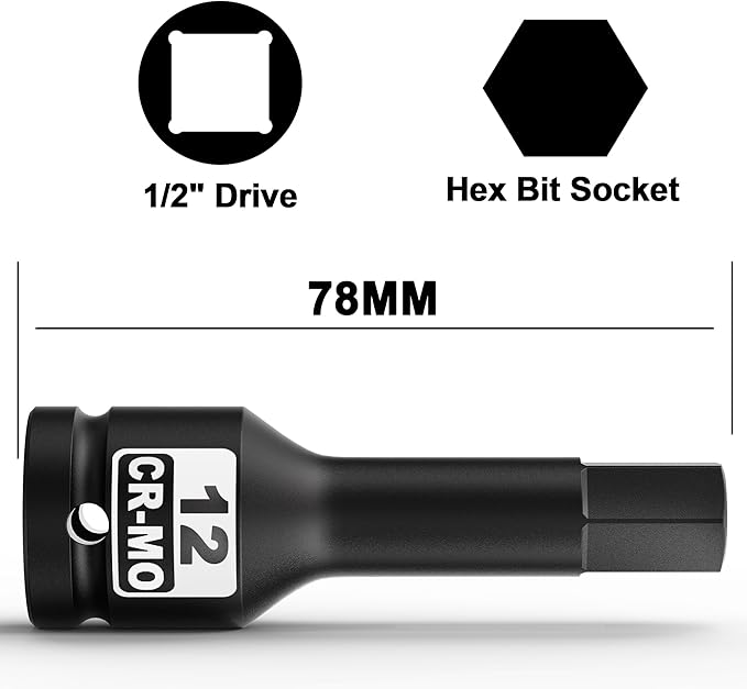 1/2" Drive 12 mm Hex Impact Bit Socket, H12 Allen Bit Socket, Metric, Cr-Mo Steel, Automotive Repair Industrial Maintenance and DIY Enthusiasts Alike