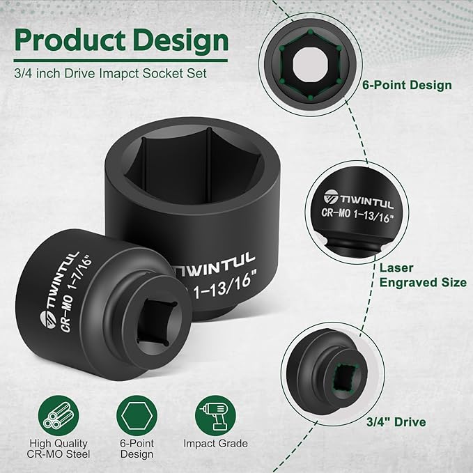 3/4" Drive Shallow Impact Socket Set, 16PCS 6-Point SAE (3/4??to 1-13/16??, 13/16??Square Socket, Heavy Duty Impact Socket Set with 1/2"F to 3/4"M Adapter for Auto, Truck, Large Equipment
