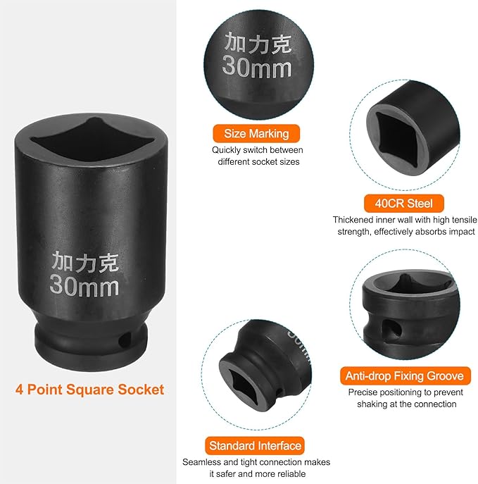 HARFINGTON 4 Point Square Socket 3/4" Drive by 30mm Metric Square Impact Socket 40CR Blackening Standard Wheel Sockets Pneumatic Socket Tool for Auto Repair Mechanical Maintenance Home Use