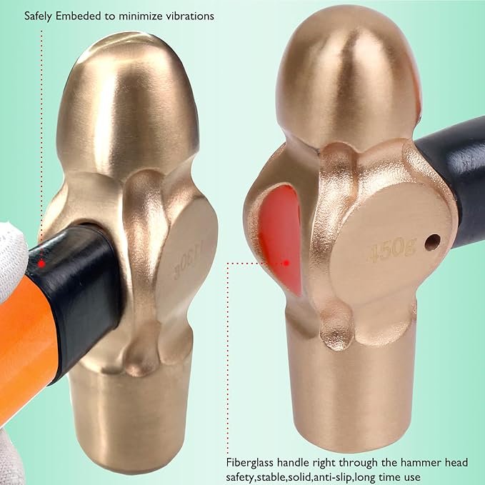 WEDO Non-Sparking Ball Peen Hammer 1 lb Head, Spark-free Safety Ball Pein Hammer, Non-Magnetic, DIN Standard, BAM & FM Certificate, Beryllium Copper, 12" Length
