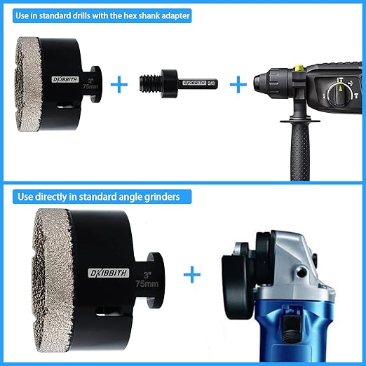 DKIBBITH 3'' Dry Diamond Core Drill Bit 75mm Diameter Tile Bits Vacuum Brazed Angle Grinder Hole Saw for Porcelain Ceramic Granite Brick Concrete with 5/8-11 Thread to 3/8'' Hex Shank Adapter, Black