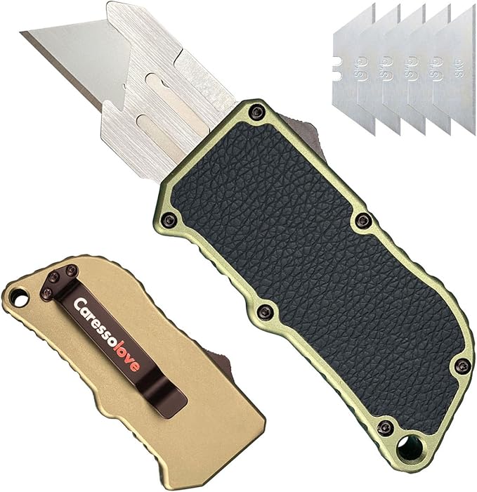 Aviation Aluminum Box Cutter Pocket Knife, EDC Auto Utility Knife Retractable, Replaceable Razor Blade Double Action Automatic Boxcutters With Clip, With 5pcs Spare Blades (Green-leahter)