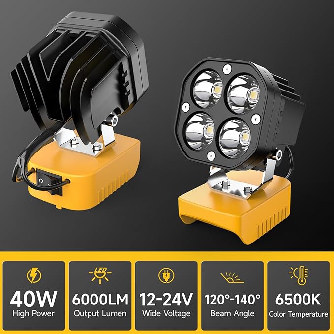 2 Packs LED Work Light Compatible with Dewalt 20V Battery, 40W 6000LM Flashlight, 20V Battery Cordless Work Light 120째Adjustable with Low Voltage Protection for Outdoors Job Site Lighting