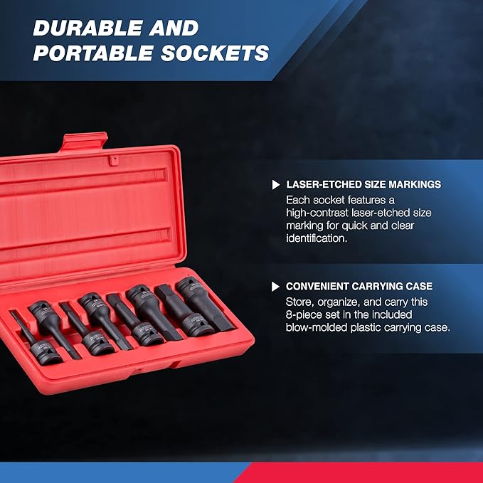 NEIKO 01137B 1/2-Inch-Drive Allen Socket Set, 3-Inch Length, 1/2-Inch Impact Hex-Bit Socket Set, SAE Hex Driver 1/4" to 3/4", CrMo Steel, Impact-Grade, 8-Piece Set
