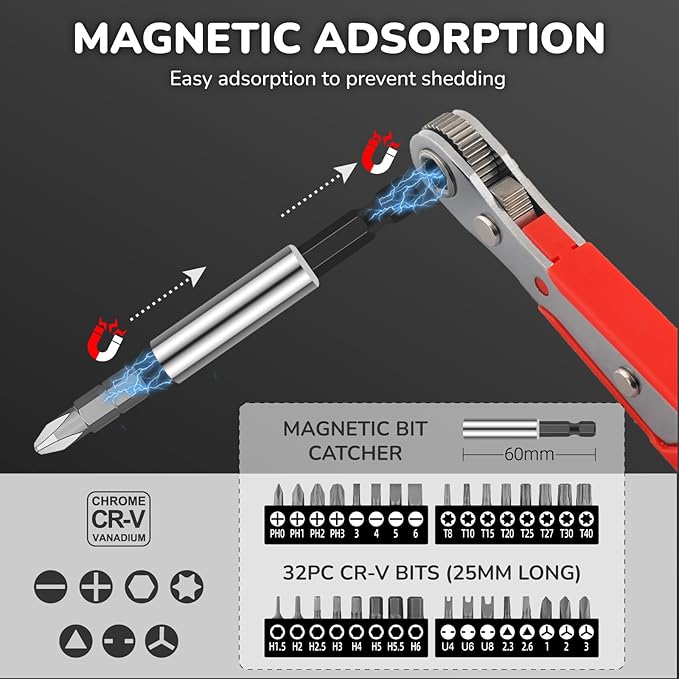 48 Pcs 1/4 Inch Ratchet Socket Wrench Set and Screwdrivers Bit Set with 2" Extension Bar and Magnetic bit Splicer Bar, Suit for Home Maintenance, Auto, Motorcycle, and Bicycle Repair