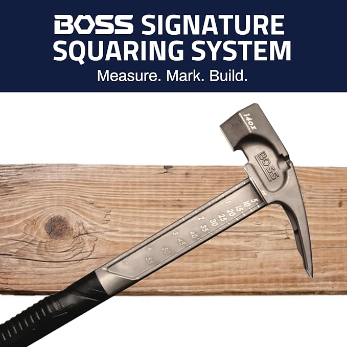 Boss Hammer 14 oz. Pro Series Titanium Hammer with Over-Molded No-Slip Rubber Grip - Construction Grade, Dual Side Nail Pullers, Smooth Face - Made in the USA - BH14TIS