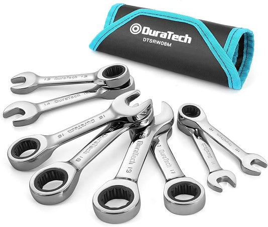 DURATECH Stubby Ratcheting Combination Wrench Set, Metric, 8-piece, 10, 11, 13, 14, 16, 17, 18, 19mm, CR-V Steel, with Pouch