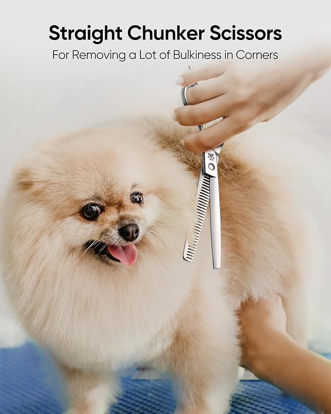 ULG Professional Dog Grooming Scissors 7.0??Straight Chunker Shear 65%-75% Thinning Rate 440C Japanese Stainless Steel Tension Adjustable Left & Right Handed Pet Grooming Shears