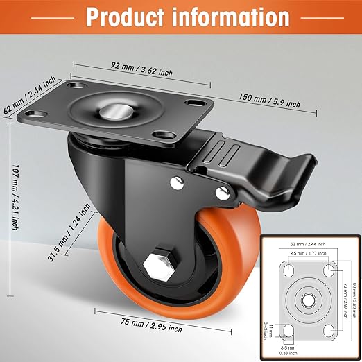 Casters, 3" Caster Wheels竊똂asters Set of 8 Heavy Duty - ASRINIEY Orange Polyurethane Castors, Top Plate Swivel Wheels, 8-Pack Industrial Casters with Brake, Locking Casters for Furniture and Workbench