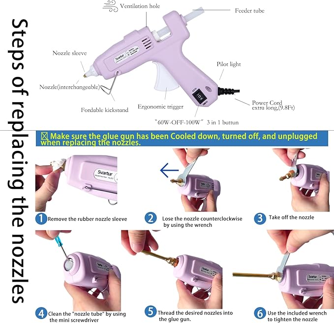 Full Size Hot Glue Gun with 60W/100W/OFF Switch, 9.8ft Extra-long Power Cord Industrial Glue Gun with 2 Nozzles, 15 Glue Stick, Dual Power High Temp Hot Melt Glue Gun Large with Case for Craft, Purple